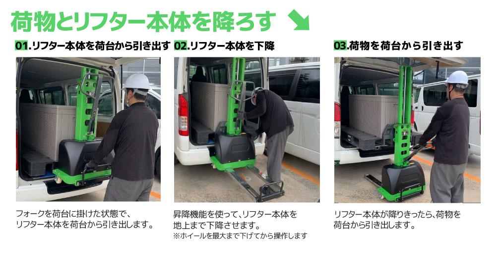 荷物とリフター本体を降ろす